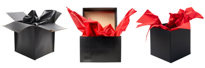 Set of isolated empty open black gift box with red and black wrapping paper show up from inside on a transparent background for Black Friday sales or celebration events. Front and isometric view.