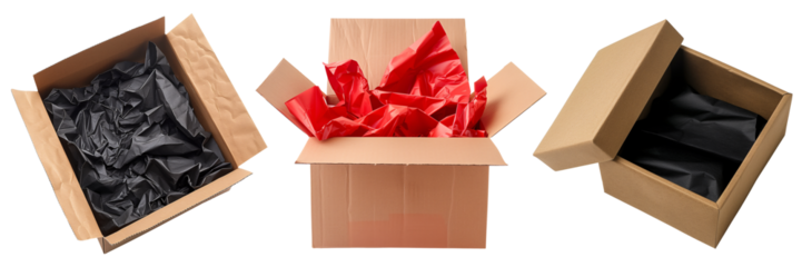 Set of isolated empty open cardboard gift box with red and black wrapping paper show up from inside on a transparent background for Black Friday sales or celebration events. Front and isometric view.