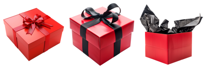 Set of isolated red gift boxes with black and red ribbon, closed and open box lid on a transparent background for Black Friday sales or celebration events. Isometric view.