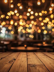 Image of wooden table in front of abstract blurred restaurant lights background - ai
