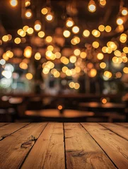 Image of wooden table in front of abstract blurred restaurant lights background - ai © nelzajamal