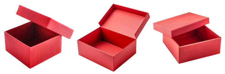 Set of isolated empty red gift boxes with open box lid on a transparent background for Black Friday sales or celebration events. Isometric view.