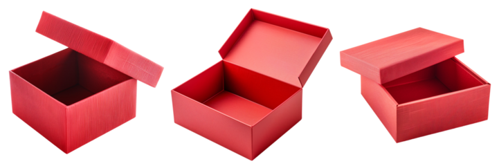 Set of isolated empty red gift boxes with open box lid on a transparent background for Black Friday sales or celebration events. Isometric view.