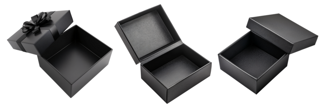 Set of isolated empty black gift boxes with open box lid on a transparent background for Black Friday sales or celebration events. Isometric view.