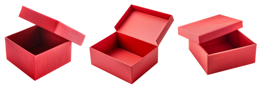 Set of isolated empty red gift boxes with open box lid on a transparent background for Black Friday sales or celebration events. Isometric view.