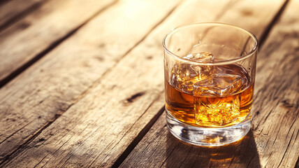 A glass of whisky sits on rustic wooden table, capturing warm glow of light. ice cubes add refreshing touch to this inviting scene, perfect for relaxation