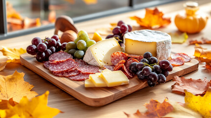 A gourmet charcuterie board featuring an assortment of cheeses, grapes, and cured meats, beautifully arranged with autumn leaves in background, creating warm and inviting atmosphere