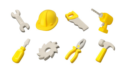 Tool vector 3d icon set. Work tools cartoon illustration, isolated on white background.
