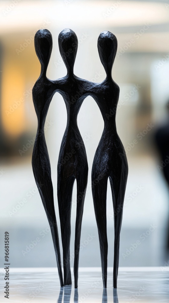 Poster abstract sculpture of three figures with blurred background