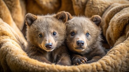 Obraz premium Baby bears snuggle up together in a warm and cozy den, their soft fur and playful faces a