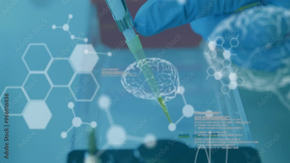 Poster animation of scientific data processing and human brains over scientist in laboratory