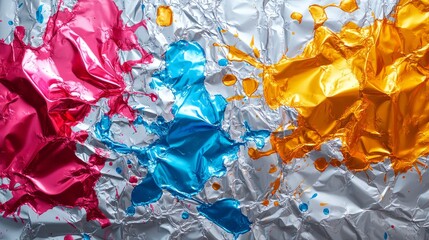 Colorful Splashes on Crumpled Silver Foil