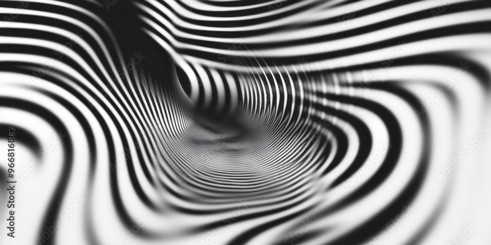 Wall mural Abstract black and white ripple pattern, undulating lines, hypnotic spiral, organic fluid texture, wavy distorted surface, optical illusion, monochrome fractal design