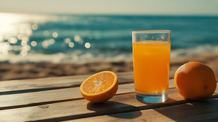 fresh tangerine juice on wooden table at beach