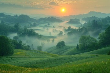 Obraz premium A picturesque sunrise over a valley with rolling hills and mist, illuminating the landscape with a warm glow.