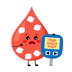 Cute blood drop cartoon character with glucose measuring diabetes device vector illustration on white background. High blood sugar level. © Orapun