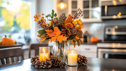 A small kitchen counter with a Thanksgiving centerpiece featuring candles, pinecones, and fall foliage in a glass vase 