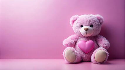 Pink teddy bear with heart on pink background