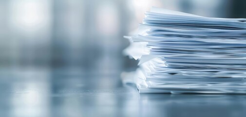 A close-up of neatly stacked papers on a blurred background, ideal for themes of organization and productivity in office environments.