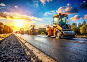 Freshly laid asphalt capping layer glistens in sunlight, compacted to perfection on a newly paved road, with heavy machinery and construction equipment in background.