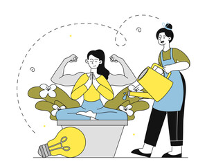 Personal development coach. Woman with watering can waters young girl sitting in lotus position. Education and training, development. Organizing efficient work process. Linear vector illustration