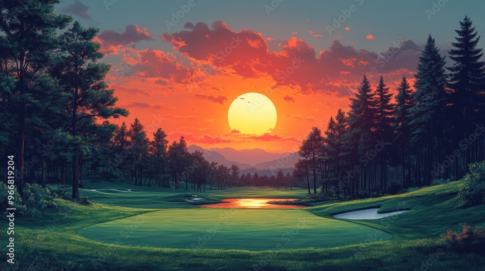 Wall mural Sunrise on Golf Course, Minimalist Painting with Bold Colors and Simple Shapes