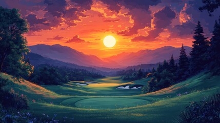 Sunrise on Golf Course, Minimalist Painting with Bold Colors and Simple Shapes