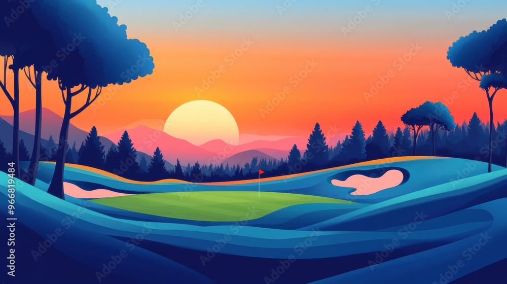 Wall mural sunrise on golf course, minimalist painting with bold colors and simple shapes