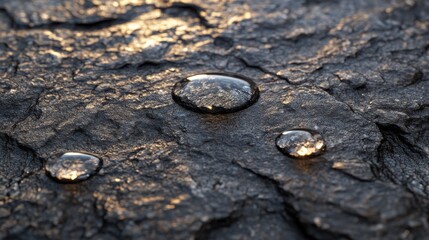 Three Water Drops Resting on Rough, Gray Rock