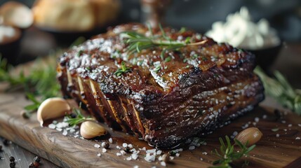 A large pork rib chop with a glaze topping, on a cutting board.