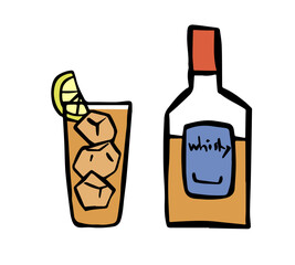 筆書き　ウイスキーハイボール　線画イラスト