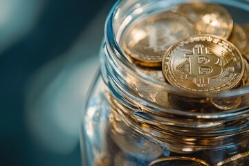 Close up photo of Bitcoins inside money jar. Conceptual photo of saving Bitcoins for the future with generative ai