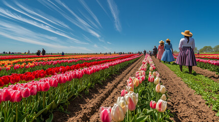 Tulip Time Festival, colorful tulip fields under bright blue skies, with people in traditional Dutch clothing walking among the rows of flowers, Ai generated images