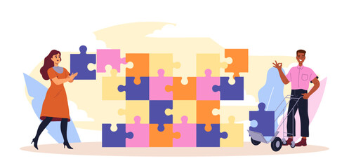 People with puzzles. Man and woman near multicolored puzzles. Metaphor of teamwork and partnership. Collaboration and cooperation. Colleagues working on common project. Flat vector illustration