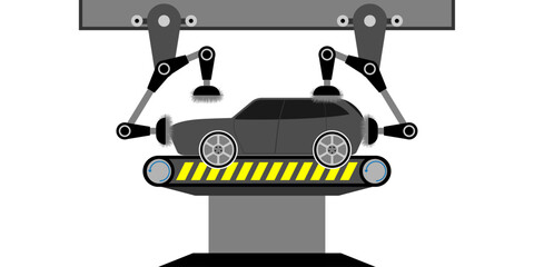 Automated production and product control, conveyors, industrial robots. Automated welding, assembly, painting, polishing.  Engineer controlling conveyor belt line robotic hands factory.
