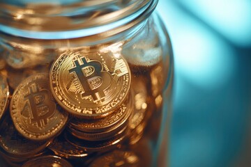 Close up photo of Bitcoins inside money jar. Conceptual photo of saving Bitcoins for the future with generative ai