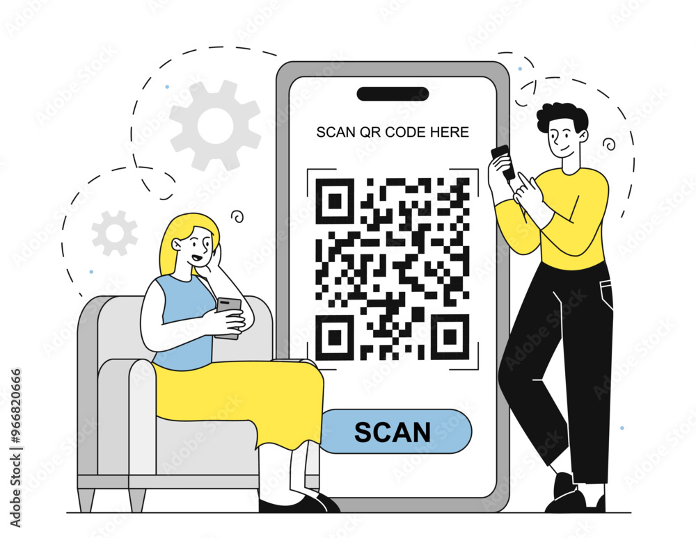 Aufkleber people with qr code. man and woman with smartphones scanning qr code. barcode and shortened link at 