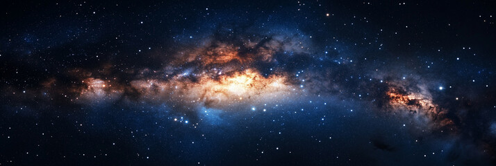 Fototapeta premium Majestic starry sky with the Milky Way galaxy glowing brightly in the dark universe, cosmic background full of sparkling stars and celestial wonders. Stunning depiction of the infinite universe