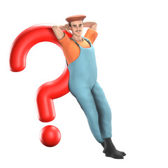 Professional Painter in 3D. A male painter is leaning casually on a big red question mark with both hands behind his head and both legs crossed. Male Model