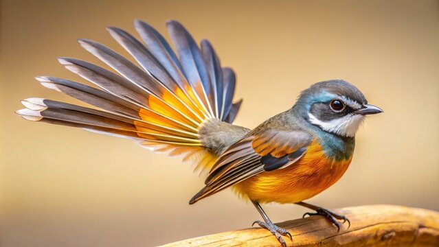 Exotic fantail bird showcases its vibrant plumage in a stunning display against a serene canvas, its iridescent hues