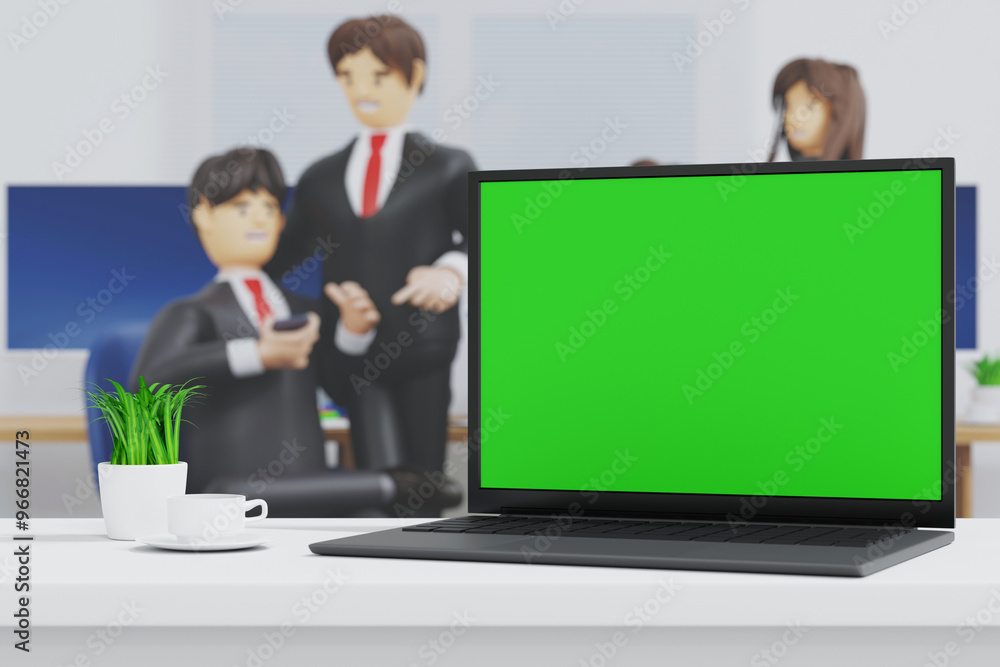 Canvas Prints laptop turn and open to show green screen close up display in office, application website presentati