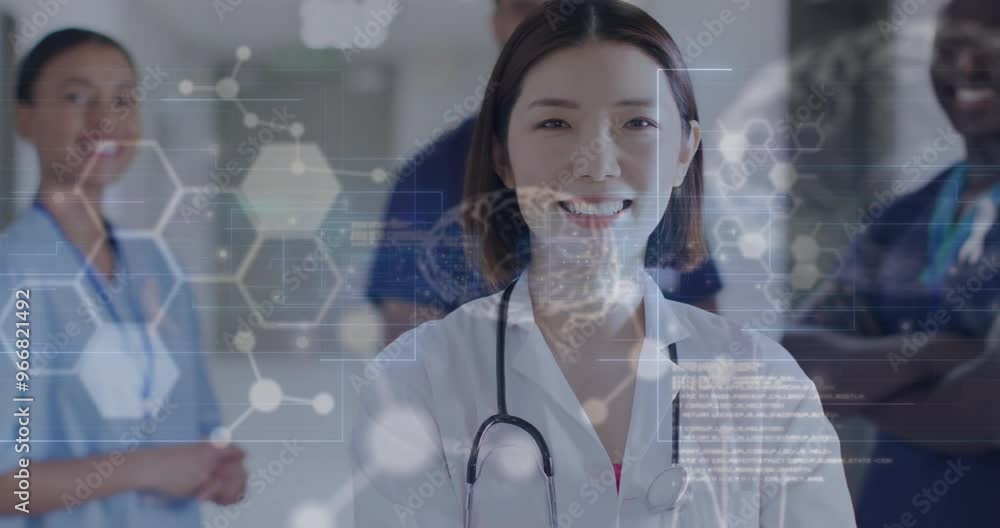Poster animation of data processing with molecules and brains over diverse doctors in hospital