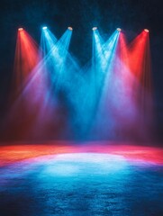 Empty stage with colorful spotlights. Scene lighting effects - ai