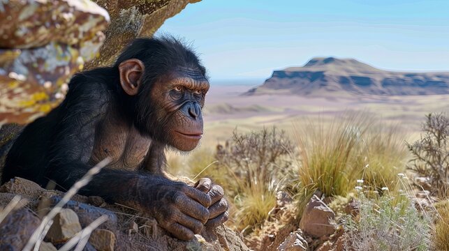A solitary Australopithecus afarensis finding shelter under a rocky outcrop, showcasing the adaptive behaviors of our early human ancestors