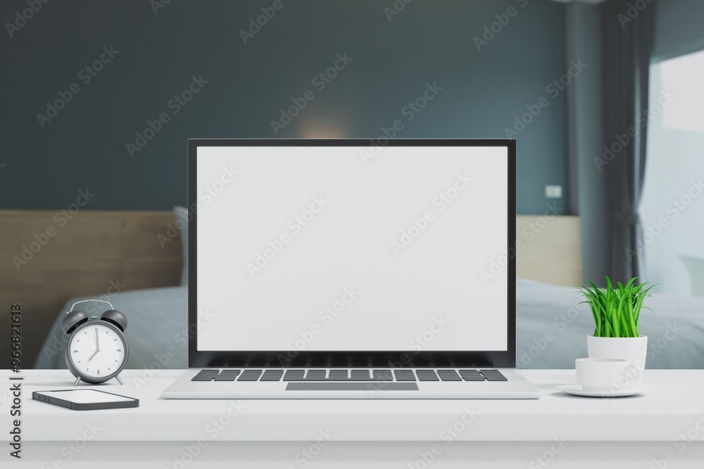 Canvas Prints laptop open to show green screen close up display in bedroom, application website present, 3d render