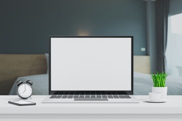 Laptop open to show green screen close up display in bedroom, application website present, 3D rendering