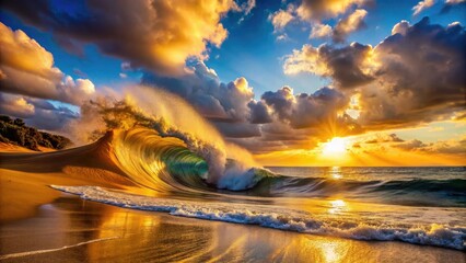 Golden hour sunlight illuminates a majestic wave of sand swirling upwards, suspended in mid-air as if defying gravity, against a deep blue sky with fluffy clouds.