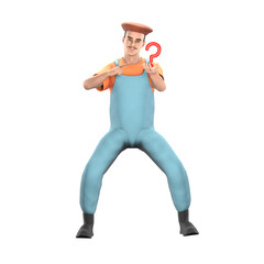 Cartoon Professional Painter. A standing male painter appears to be holding a red question mark in his hand, with a slightly hunched pose and a curious expression. 3D Male Model