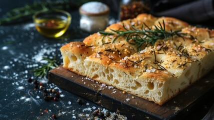 Focaccia with cheese and rosemary on a wooden board