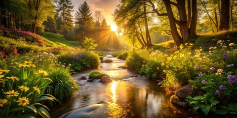 Fototapeta premium Golden light spills onto a serene nature scene, featuring a gentle stream, lush greenery, and a few delicate flowers, exuding calmness and tranquility.